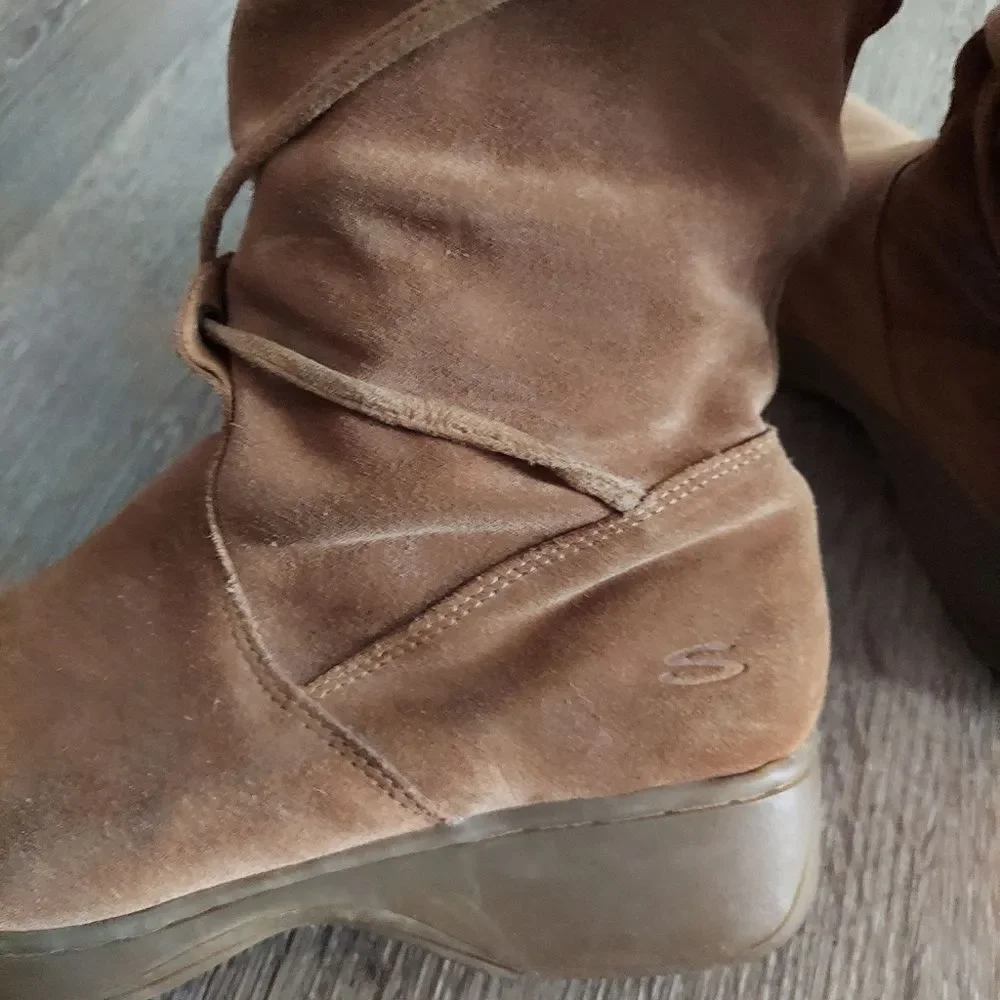 Vtg SKECHERS Tan Suede Leather Slouch Boot Mid Calf Tie Wrap Winter - Size 7